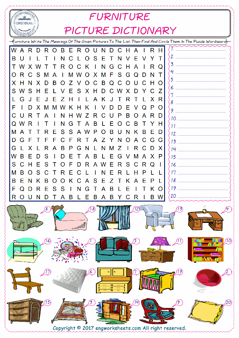  For kids, check the picture of Furniture find, and write the word and find it in the word puzzle ESL printable worksheet. 